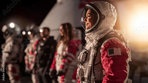 Team of astronauts prepares for mission in front of lunar module under night sky with bright lights and diverse backgrounds photo