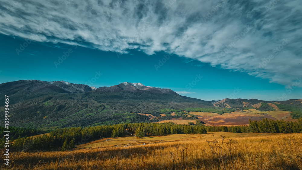 Obraz premium kanasi lake landscape or mountain view, scenery of mountain in China, travel destination or tour tourism, xinjiang, majestic panorama nature view. destination, blue sky, hill top, calmness.
