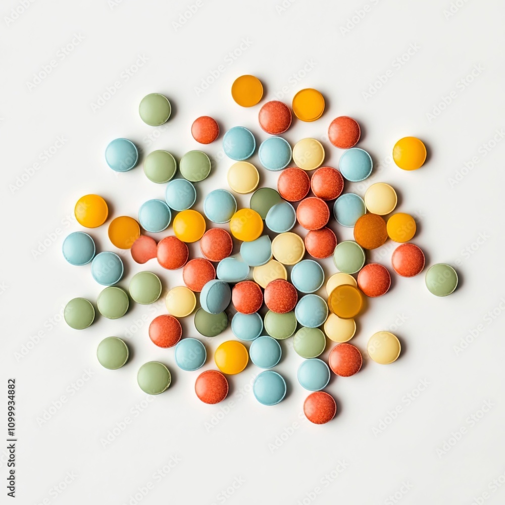 Fototapeta premium A small pile of colorful pills in white background