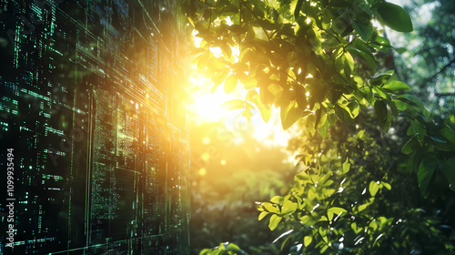 Fototapeta Naklejka Na Ścianę i Meble -  A futuristic concept of digital technology merging with lush green jungle environment in the sunlight, illustrating nature and innovation. Nature. Illustration