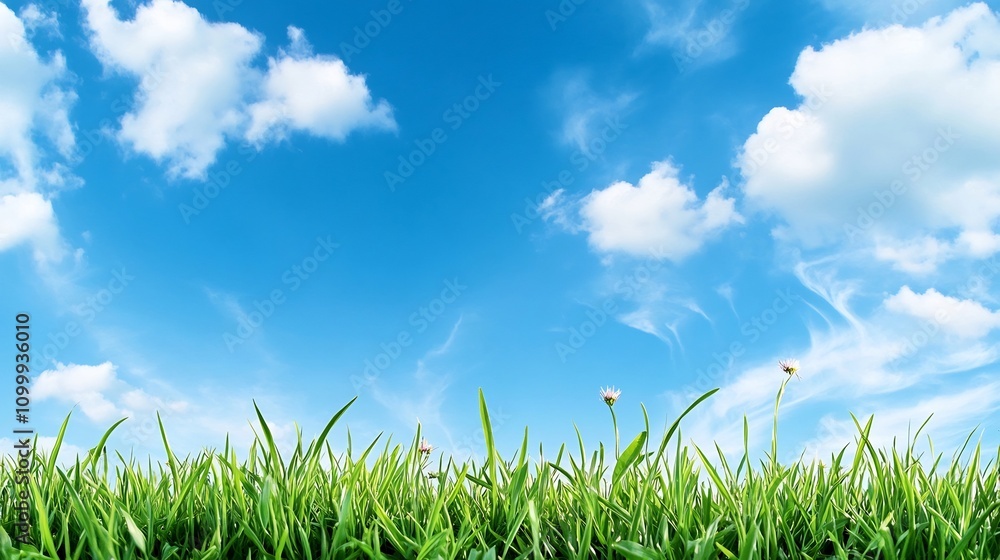 Fototapeta premium Expansive Meadow with Blooming Wildflowers Under a Vibrant Blue Sky
