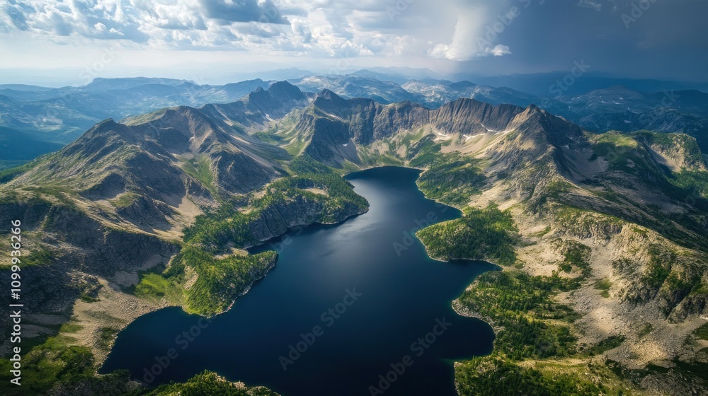 Fototapeta premium Aerial View Of A Mountain Lake Surrounded By Rugged Peaks