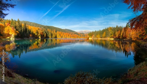 lake panorama in the forest autumn forest around the lake