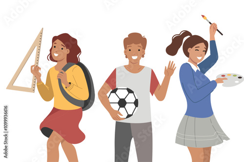 Children with different predispositions choose hobby and life path, between football and geometry or art. Cheerful school-age children showing aptitude or talent for various fields
