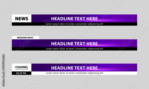 Lower third banner design. Set of lower third bar template for breaking news, sports channel, streaming video. Vector illustration