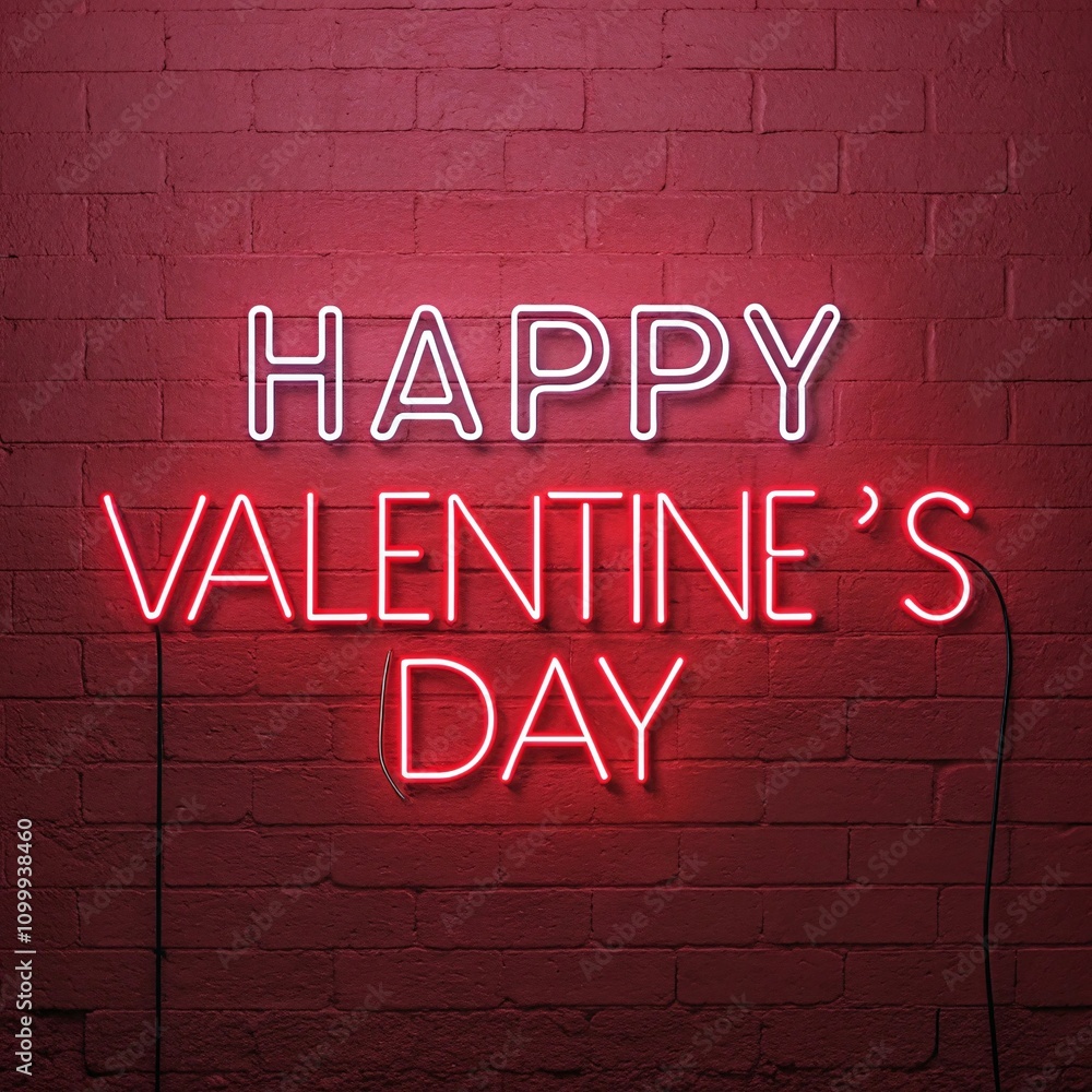 Obraz premium Happy Valentine’s Day - Neon Style on Flat Red Background