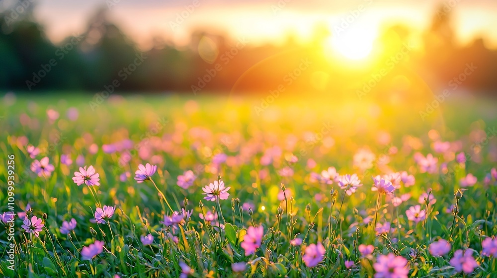 Fototapeta premium Soft Nature Open, Ethereal Meadow with Glowing Morning Light and Gently Swaying Wildflowers