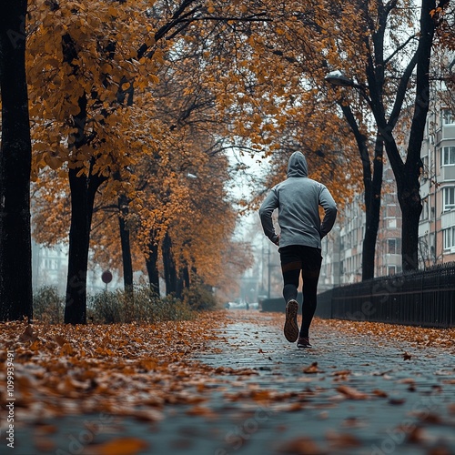 Training in autumn and winter in the cold, warm clothes for street sports. A man acquires mental health with daily training. photo