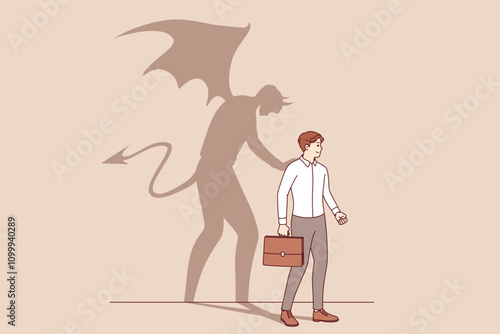 Devilish soul of business man pushes entrepreneur to commit crime and break law. Devilish soul of office clerk who is ready to do anything to get new position and climb career ladder