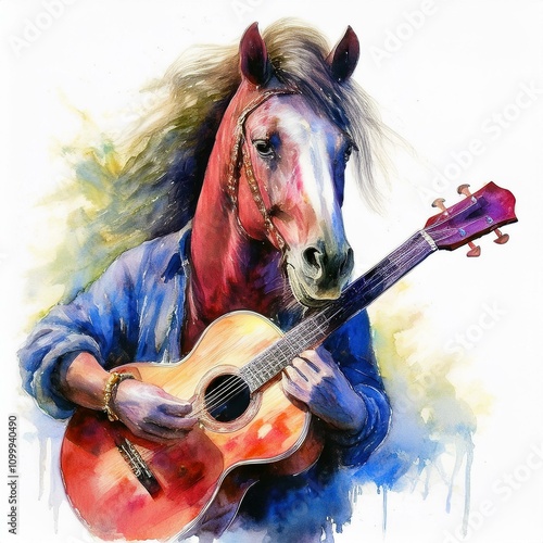 illustration of a horse playing gituar on acrylic painted watercolor drawing isolated on white background photo