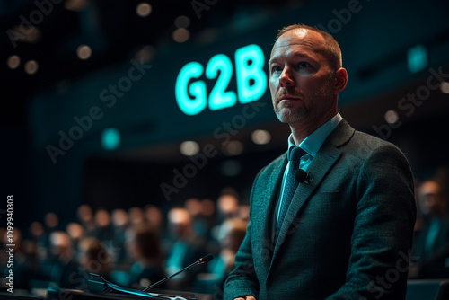 A government leader addressing a business forum with "G2B" projected behind them in bold letters.