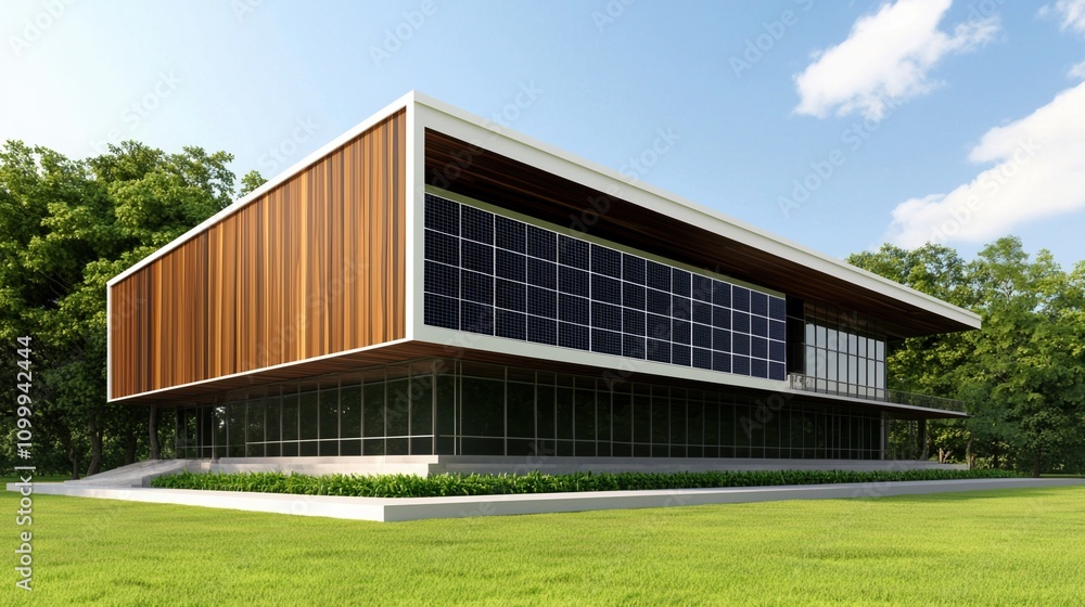 Obraz premium Eco-friendly green building utilizing sustainable materials in an innovative design urban environment modern architecture perspective