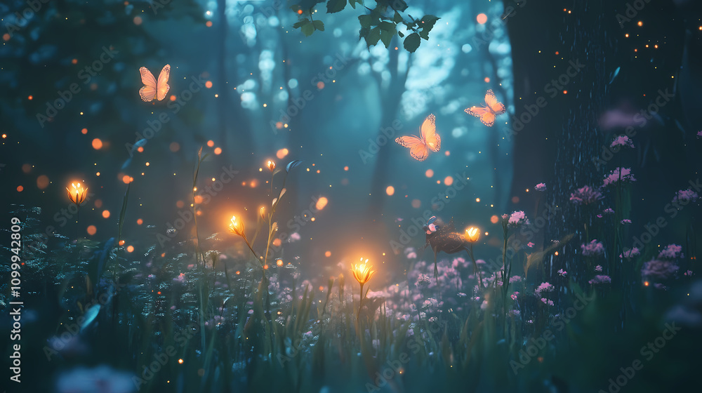 Fototapeta premium Enchanted forest with mystical atmosphere glowing flowers ethereal creatures. Ethereal. Illustration