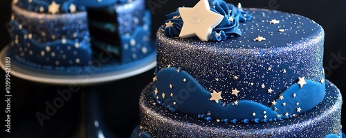 Glittering Midnight Blue 3D Cake with Starry Sky Decorations.A dazzling cake with deep blue hues, glitter accents, and star-themed details. photo