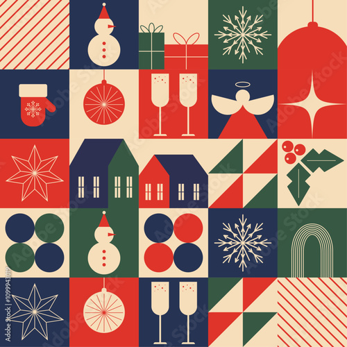 Christmas Geometric Seamless Pattern. Colourful Retro Card in Flat Style. Vector Templates