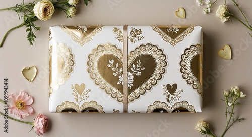 A delicate gold foil design of intertwined hearts lace and floral motifs creating an elegant romantic wedding gift wrap photo