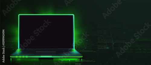 A slick laptop illuminated by a vibrant neon green glow, set against a dark, futuristic background featuring digital patterns and abstract network connections. 3D neon green laptop screen. Vector