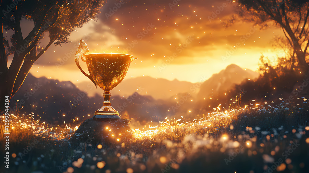 Magical golden trophy in ethereal twilight landscape. Ethereal. Illustration Magical golden trophy in ethereal twilight landscape. Ethereal. Illustration