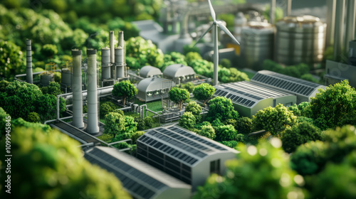 A lush, green eco-friendly factory with solar panels, wind turbines, and eco-conscious packaging, emphasizing a commitment to sustainability