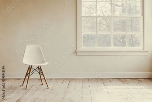 White wooden chair beside a large window in a green room setting