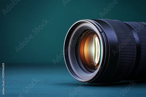 Intricate details of a pristine camera lens, gleaming softly against a deep teal backdrop