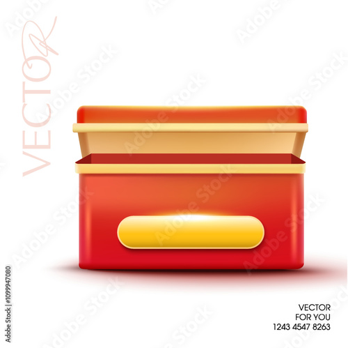 3d opened red gift chest or gift box with golden button. Minimal treasure chest icon in 3d vector. Vector illustration