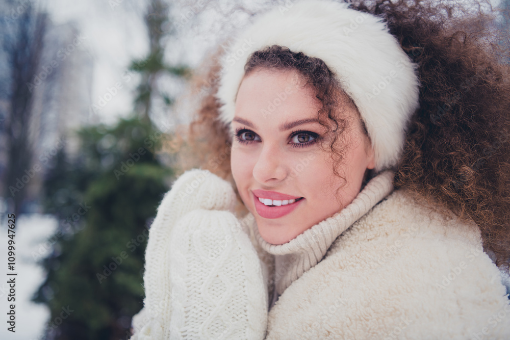 Photo of pretty young woman beaming smile fantasize wear jacket walk snowy street weekend outdoors Photo of pretty young woman beaming smile fantasize wear jacket walk snowy street weekend outdoors