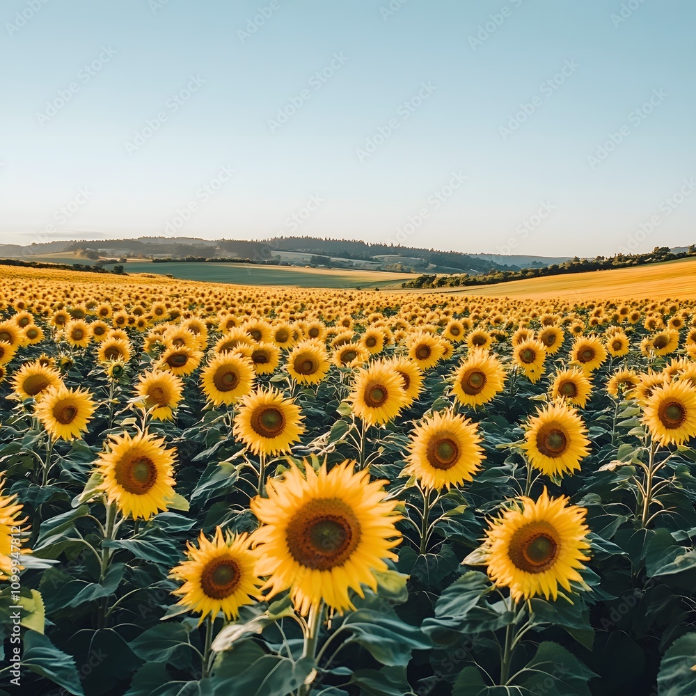 Fototapeta premium Vast Sunflower Field Stretching Under Bright Blue Sky in Scenic Countryside Landscape
