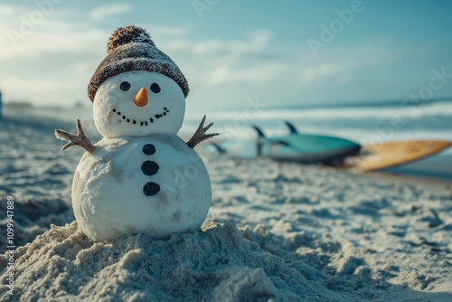 A cheerful snowman stands on the beach, embodying the joy of surfing on New Year's Eve. Surfboards are visible in the background, completing this whimsical winter scene.