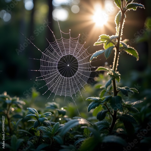 Morning Dew: A spider web glistening with dewdrops in a sunlit garden.