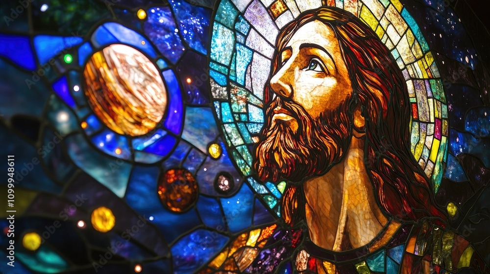 Obraz premium Stained Glass Artwork of Christ in Cosmic Universe Setting