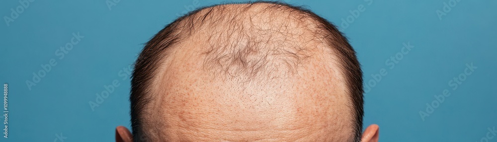 Fototapeta premium Detailed view of a bald or thinning head, highlighting hair loss and scalp texture against a plain blue background.