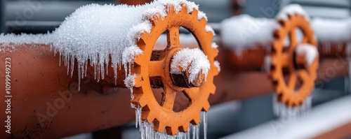 Frozen gears on pipes display the harsh impact of winter on industrial machinery.