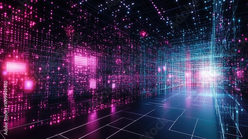 Wallpaper Mural Abstract geometric grid with glowing dots and lines, visualizing data flow in dark, muted tones Torontodigital.ca