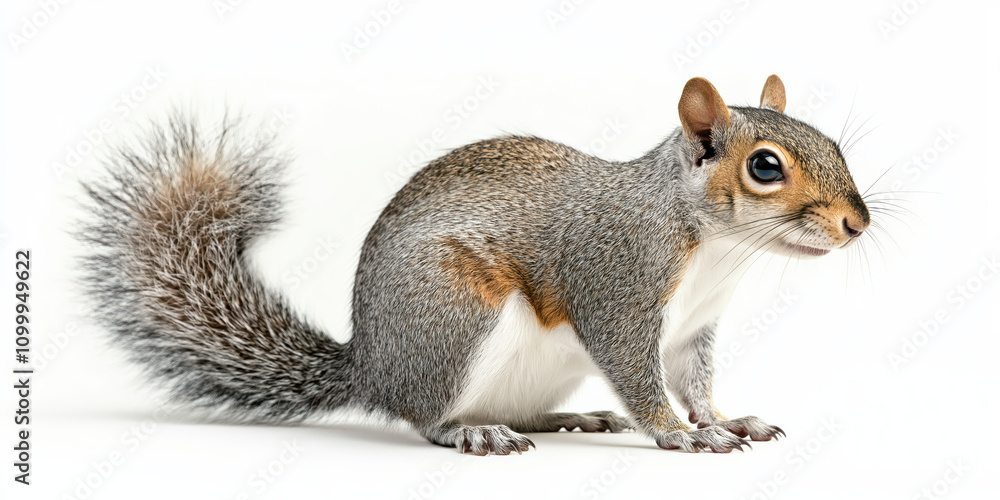 Obraz premium Close-up of a gray squirrel with fluffy tail and white underbelly