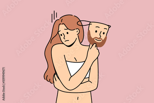 Transgender woman suffers from gender identity and dreams of becoming man, and holds male mask. Girl wishes of being part of LGBT community and thinks about possibility of becoming transgender