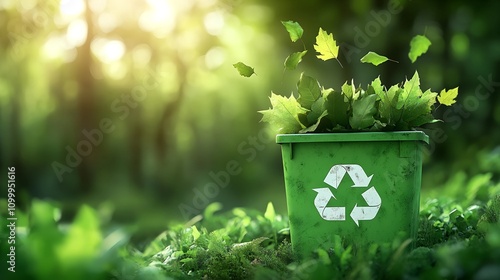 Eco Green Recycling Bin with Lush Leaves - Environmental Sustainability and Conservation Concept photo