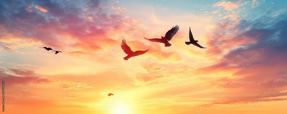 Fototapeta premium Silhouetted birds soaring across a pastelcolored sky during sunset, their shapes standing out against the soft gradients of evening light