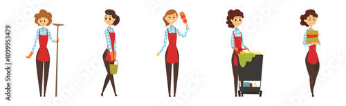 Young Woman Character in Apron Cleaning at Home Vector Set