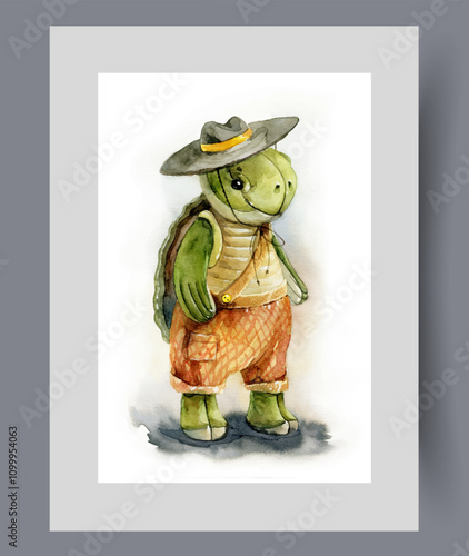 Soft toy turtle in hat and t-shirt with shorts on wall art. Watercolor artwork. Print with toy doll in shape of turtle for children who love animals and sea reptiles, in frame with decor for poster
