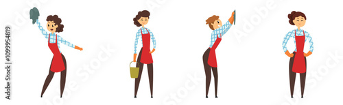 Young Woman Character in Apron Cleaning at Home Vector Set