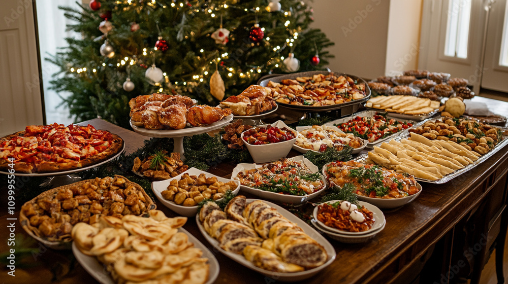Festive holiday feast with a variety of dishes arranged on a table near a decorated Christmas tree Festive holiday feast with a variety of dishes arranged on a table near a decorated Christmas tree