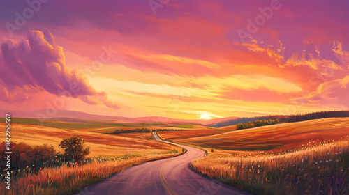 A picturesque road stretching toward a vibrant sunset, surrounded by tranquil fields and colorful sky, perfect for travel themes. Dreamscape. Illustration