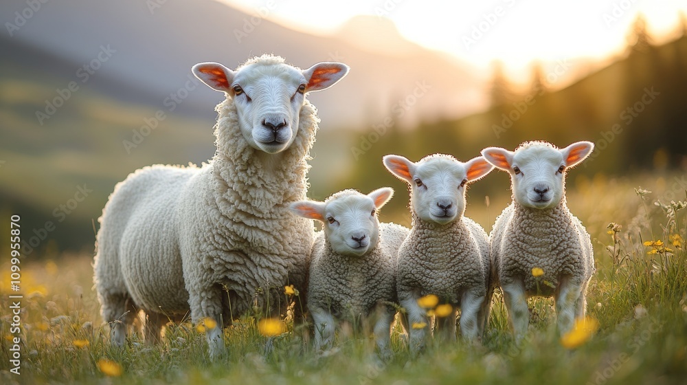 Obraz premium A group of sheep grazing in a green field