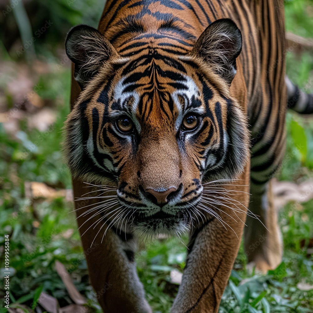 Fototapeta premium Wildlife tiger striped photography. Open eye black orange fur. Dangerous cat animal tropical jungle forest hunter close up photo