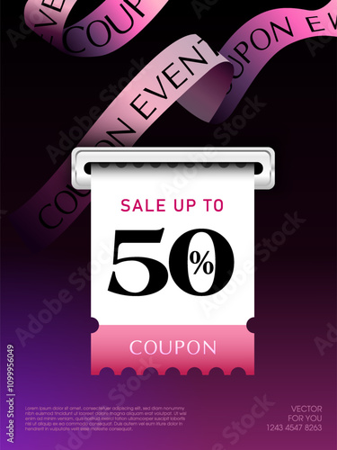 3d coupon is being printed from a slot, with percent price off, coupon code, ribbons flying above, isolated on deep pink background. Print Gift voucher vector banner template for discount event