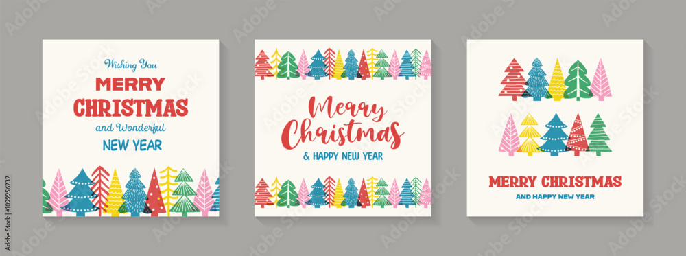 Fototapeta premium Colourful Christmas greeting card collection with cartoon trees. Vector illustration