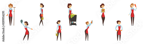 Young Woman Character in Apron Cleaning at Home Vector Set