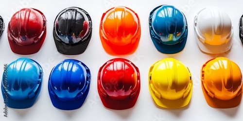 Colored hard safety helmet hats designed for the safety of project workers, perfect for engineering tasks and ensuring safety in various work environments. Safety helmets are essential for every photo