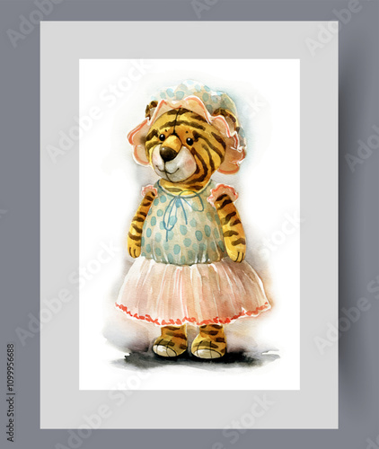 Soft toy tiger wearing little girl clothes and cap on wall art. Watercolor artwork. Print with toy tiger for children play collection, in frame with decor for poster